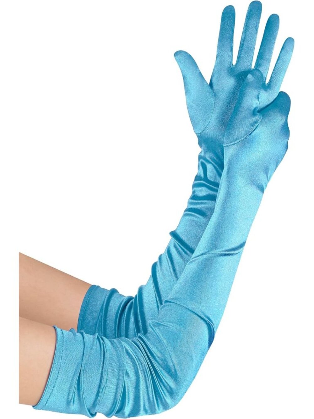 Women Aqua Blue Stretchy Satin Upper Arm Length 1920s Flapper Long Opera Gloves